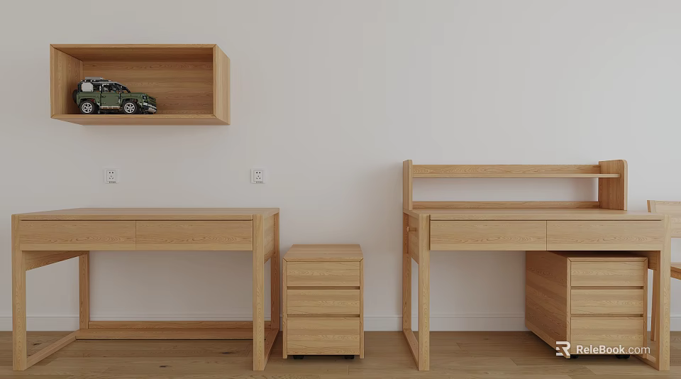 Minimalist Wooden Desk Interior With Drawers Side Cabinet Wall Shelf And Toy Car 3d model 