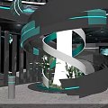 Futuristic Tech Exhibition Hall With Spiral Structure Blue LED Lighting And Interactive Displays 3d model