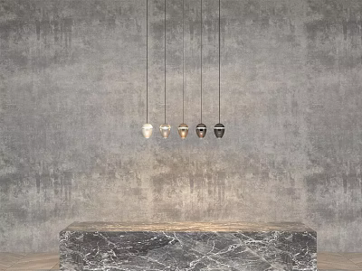 Five Pendant Chandeliers Hanging Above Marble Countertop With Gray Textured Wall 3d model