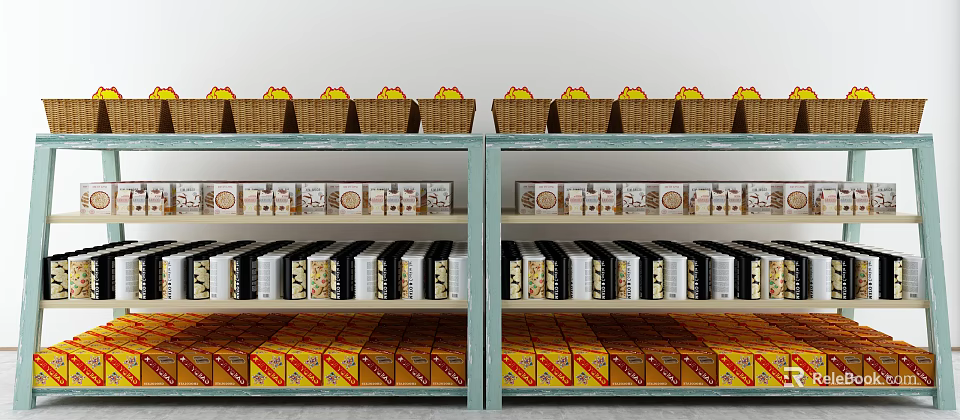Retail Display Shelves With Multiple Layers Organizing Baskets And Boxed Products 3d model 