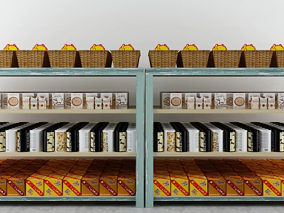 Retail Display Shelves With Multiple Layers Organizing Baskets And Boxed Products 3d model