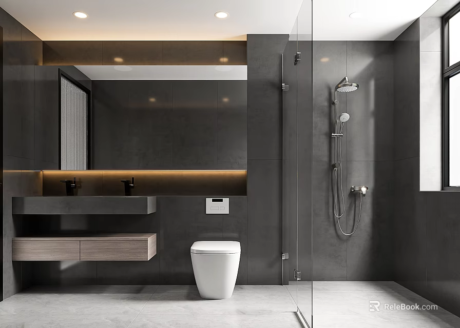 Modern Bathroom Interior Design With Gray Tiles Glass Shower Vanity Mirror And Toilet 3d model 