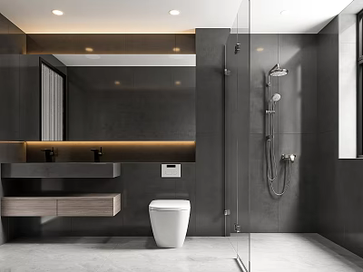 Modern Bathroom Interior Design With Gray Tiles Glass Shower Vanity Mirror And Toilet 3d model