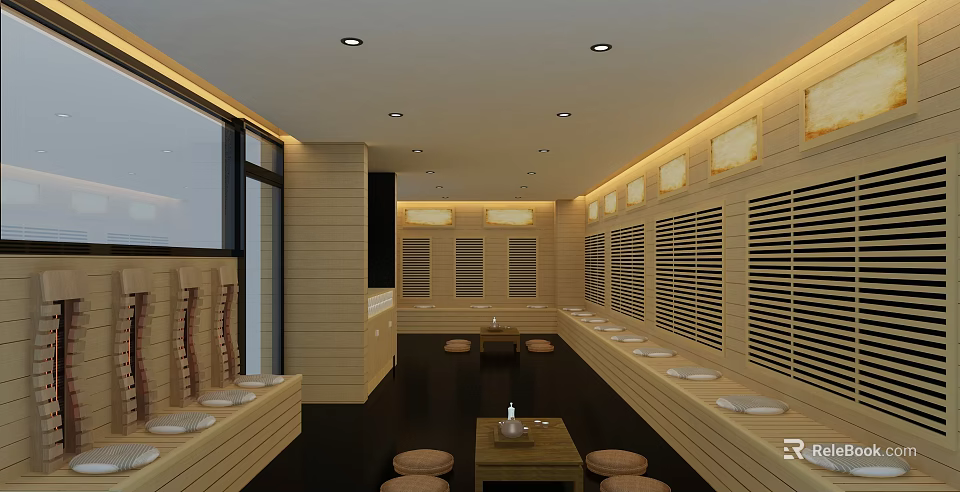 SPA Sauna Interior Featuring Wooden Walls Benches Small Tables And Warm Relaxing Lighting 3d model 