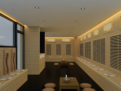 SPA Sauna Interior Featuring Wooden Walls Benches Small Tables And Warm Relaxing Lighting 3d model