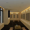 SPA Sauna Interior Featuring Wooden Walls Benches Small Tables And Warm Relaxing Lighting