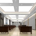 Modern Conference Room Interior With Long Tables Chairs Bright Ceiling Lights And Large Windows