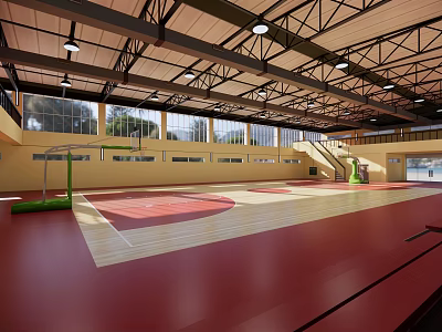 Indoor Sports Fitness Gymnasium Featuring Basketball Court Wooden Floor High Ceiling And Windows 3d model