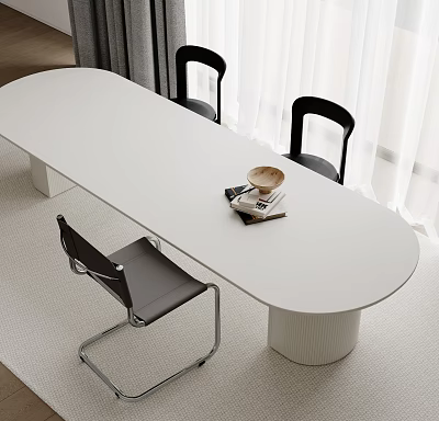 White Oval Shaped Dining Table Set with Black Chairs Wooden Bowl and Books on Top 3d model