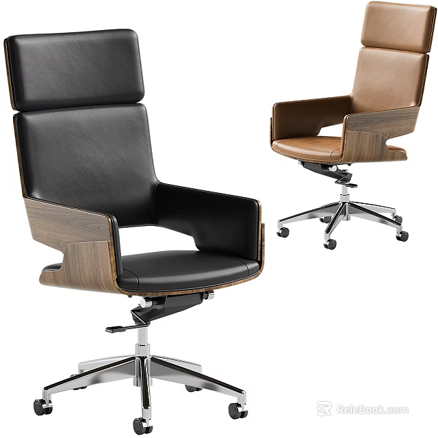 Black and Brown Leather Office Chair With Wooden Frame Metal Base and Wheels 3d model 