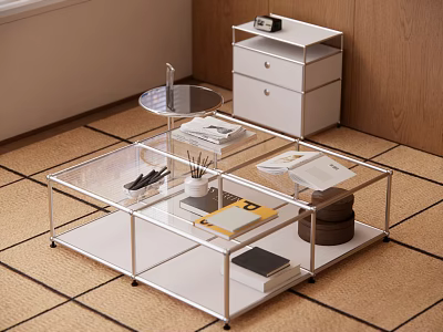 Modern Minimalist Transparent Glass Coffee Table With Books Stationery Tray And Wooden Drawer Cabinet 3d model