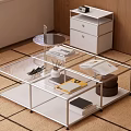 Modern Minimalist Transparent Glass Coffee Table With Books Stationery Tray And Wooden Drawer Cabinet