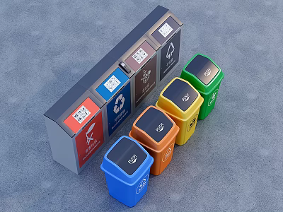Public Facilities Color Coded Trash Bins With Recycling Symbols And Various Colors 3d model