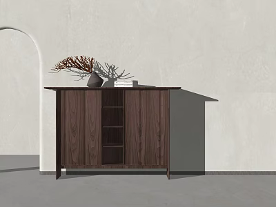 Modern Walnut Entryway Cabinet Sideboard With Doors Open Shelves And Decorative Vase Branches 3d model