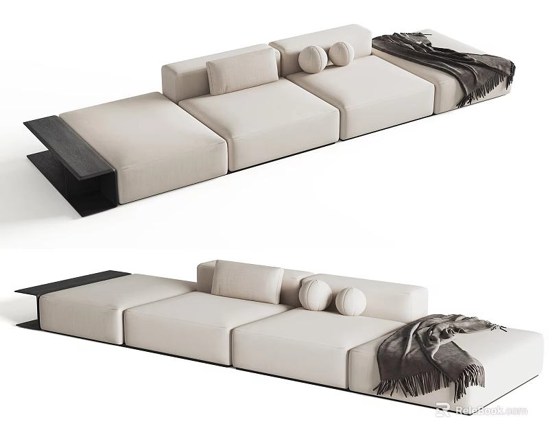 Modern Beige Sectional Sofa With Cushions Throw Blanket And Black Base 3d model