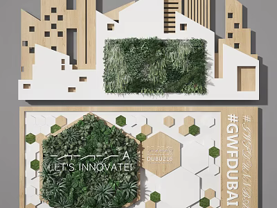 Modern Living Plant Background Wall with Hexagon Design Wooden Accents and Innovate Text 3d model