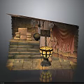 Ancient Themed Scene With Wooden Framing Stone Steps Red Curtain And Hanging Lantern