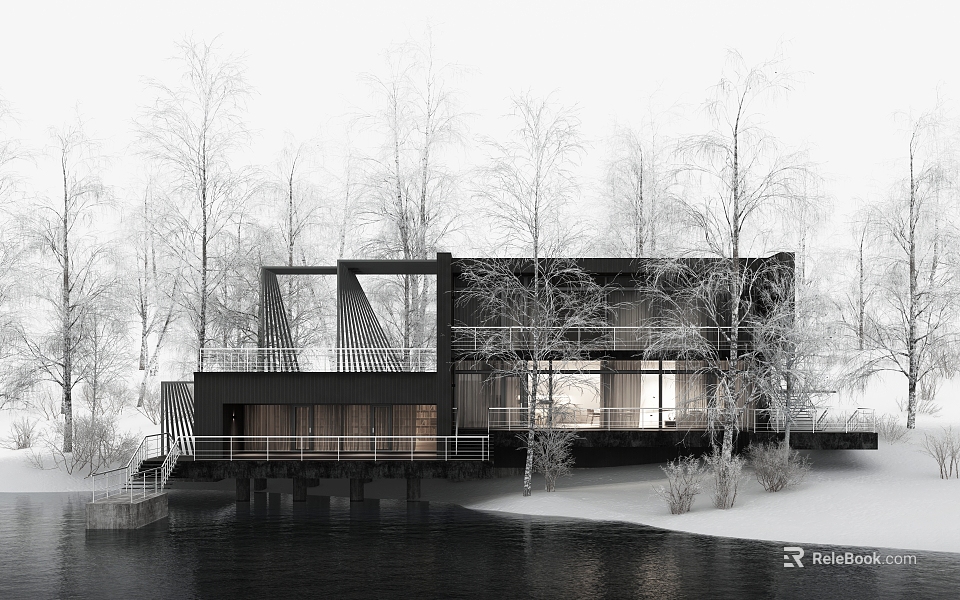 Modern Detached Villa in Snowy Landscape With Trees Near Waterfront And Large Glass Windows 3d model 