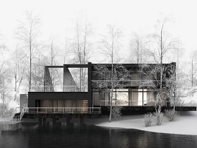 Modern Detached Villa in Snowy Landscape With Trees Near Waterfront And Large Glass Windows 3d model
