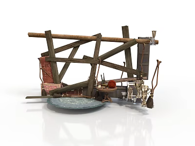 Ancient Wooden Catapult Model With Frame Launch Arm And Stone Projectile 3d model