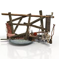 Ancient Wooden Catapult Model With Frame Launch Arm And Stone Projectile
