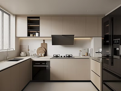 Modern Kitchen Interior With Light Wood Cabinets Black Appliances And Window Countertop 3d model