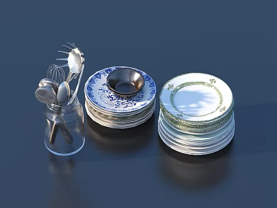 Dinnerware Set With Stacked Plates Blue White Green Patterns And Glass Jar Utensils 3d model