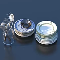 Dinnerware Set With Stacked Plates Blue White Green Patterns And Glass Jar Utensils