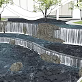 Rockery Stones with Cascading Waterfall and Reflecting Pool Surrounded by Green Trees and Modern Architecture