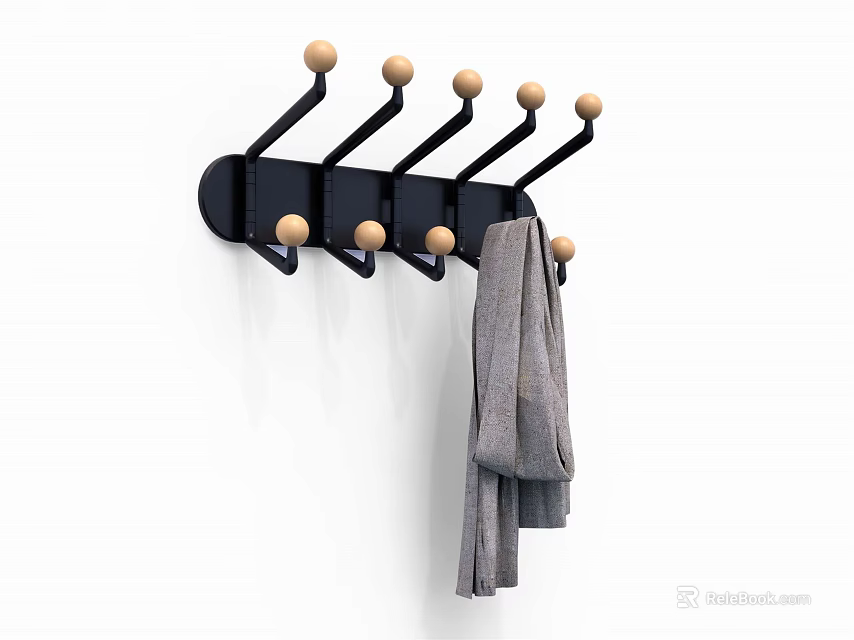 Black Wall Mounted Coat Rack With Wooden Knobs And Gray Towel On White Wall 3d model 
