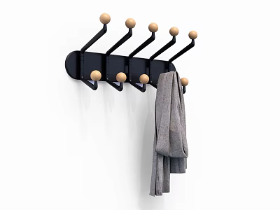 Black Wall Mounted Coat Rack With Wooden Knobs And Gray Towel On White Wall 3d model