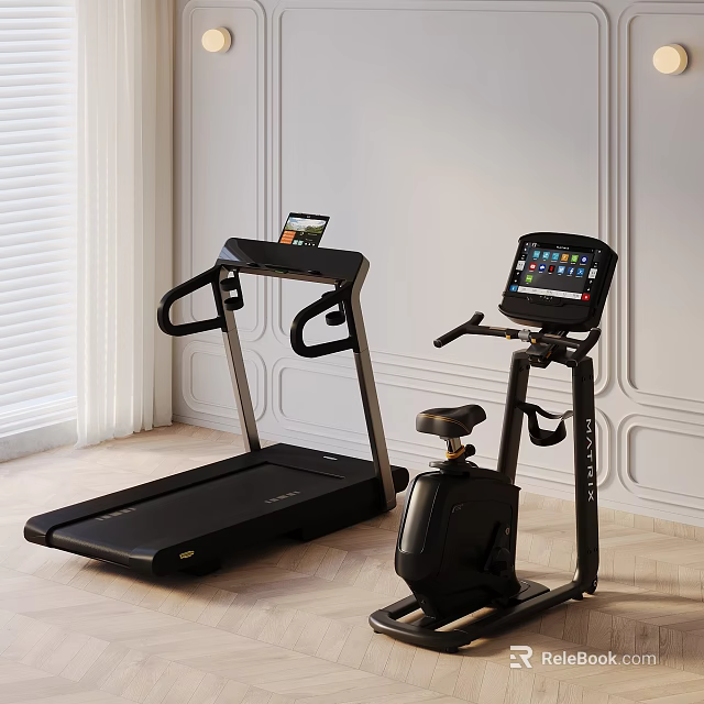 Home Gym Fitness Equipment Treadmill And Stationary Bike With Digital Screens 3d model 