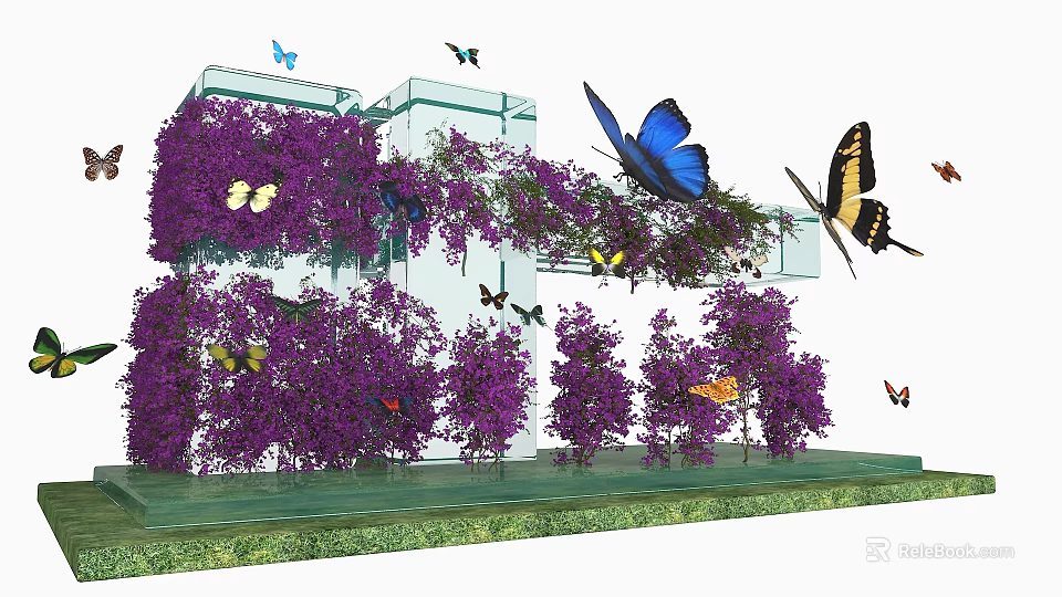 Blooming Purple Flowers With Colorful Butterflies Around Glass Structure And Green Grass 3d model 