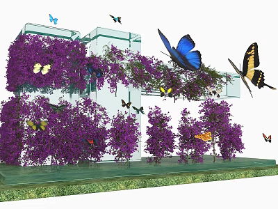 Blooming Purple Flowers With Colorful Butterflies Around Glass Structure And Green Grass 3d model
