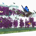 Blooming Purple Flowers With Colorful Butterflies Around Glass Structure And Green Grass
