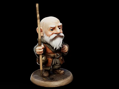 Handcrafted Dwarf Doll With White Beard Bald Head Brown Outfit And Wooden Staff 3d model