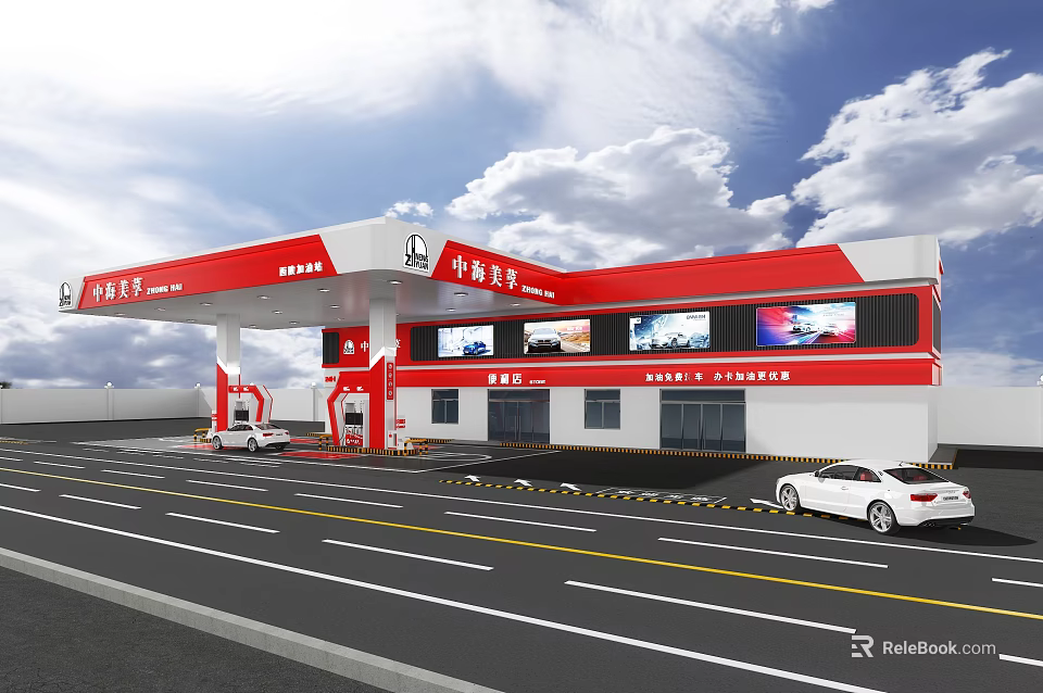 China Petroleum Gas Station Exterior Design With Fuel Pumps And White Cars 3d model 