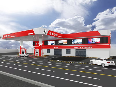 China Petroleum Gas Station Exterior Design With Fuel Pumps And White Cars 3d model