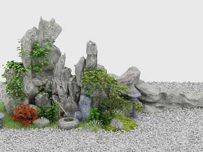Rockery Stones Landscape With Green Plants Small Waterfall Stone Lantern And Pebble Ground 3d model