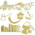 Golden Wall Decor With Chair Teacup Dragon Fan Panda And Buildings