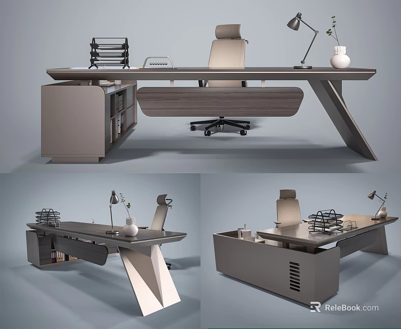 Modern Office Desk With Ergonomic Chair Table Lamp Vase And File Organizer 3d model 