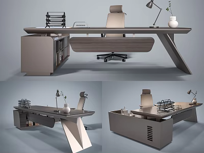 Modern Office Desk With Ergonomic Chair Table Lamp Vase And File Organizer 3d model