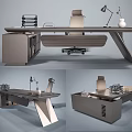 Modern Office Desk With Ergonomic Chair Table Lamp Vase And File Organizer