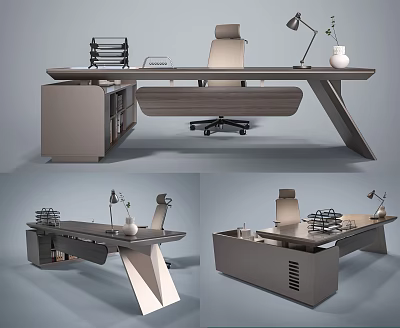 Modern Office Desk With Ergonomic Chair Table Lamp Vase And File Organizer 3d model