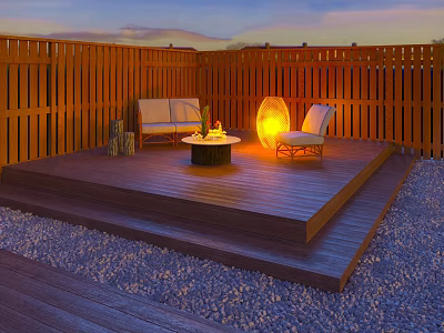 Outdoor Garden Landscape With Wooden Patio Sofa Chair Fire Pit And Lit Lantern 3d model