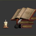 Vintage Open Ancient Book Scene with Feather Quill Inkwell Candle and Stacked Books