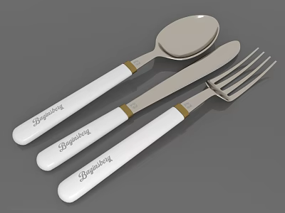 Happybling Tableware Set With Spoon Knife Fork White Handles Gold Accents 3d model