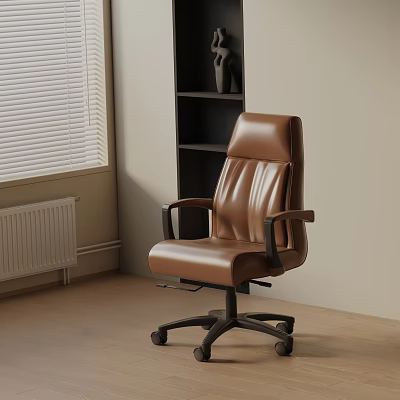 Ergonomic Brown Leather High Back Office Chair with Armrests and Swivel Base 3d model