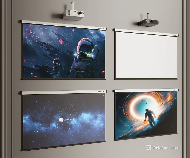 Wall Mounted Projection Monitoring System With Multiple Screens Displaying Various Scenes 3d model 
