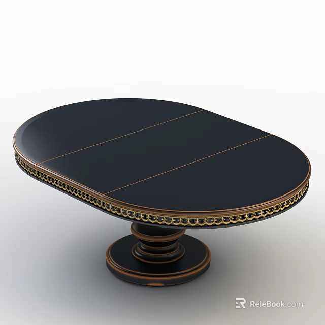 Oval Dining Table With Black Tabletop Golden Lines Decorative Edge And Elegant Base 3d model